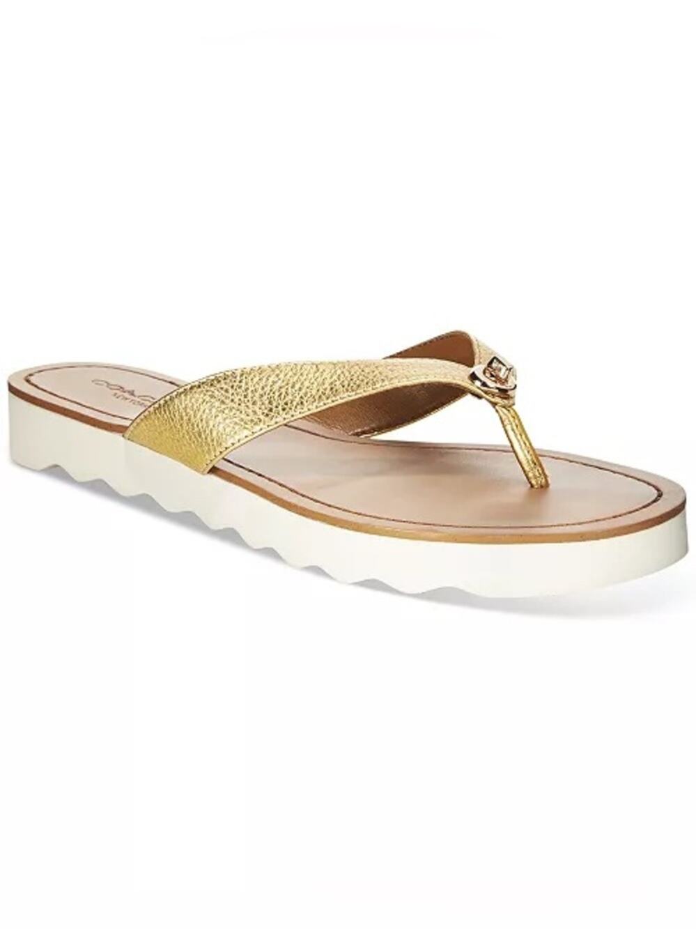 Coach Womens Shelly Leather Flip Flop Metallic Gold Tumble Size 11B